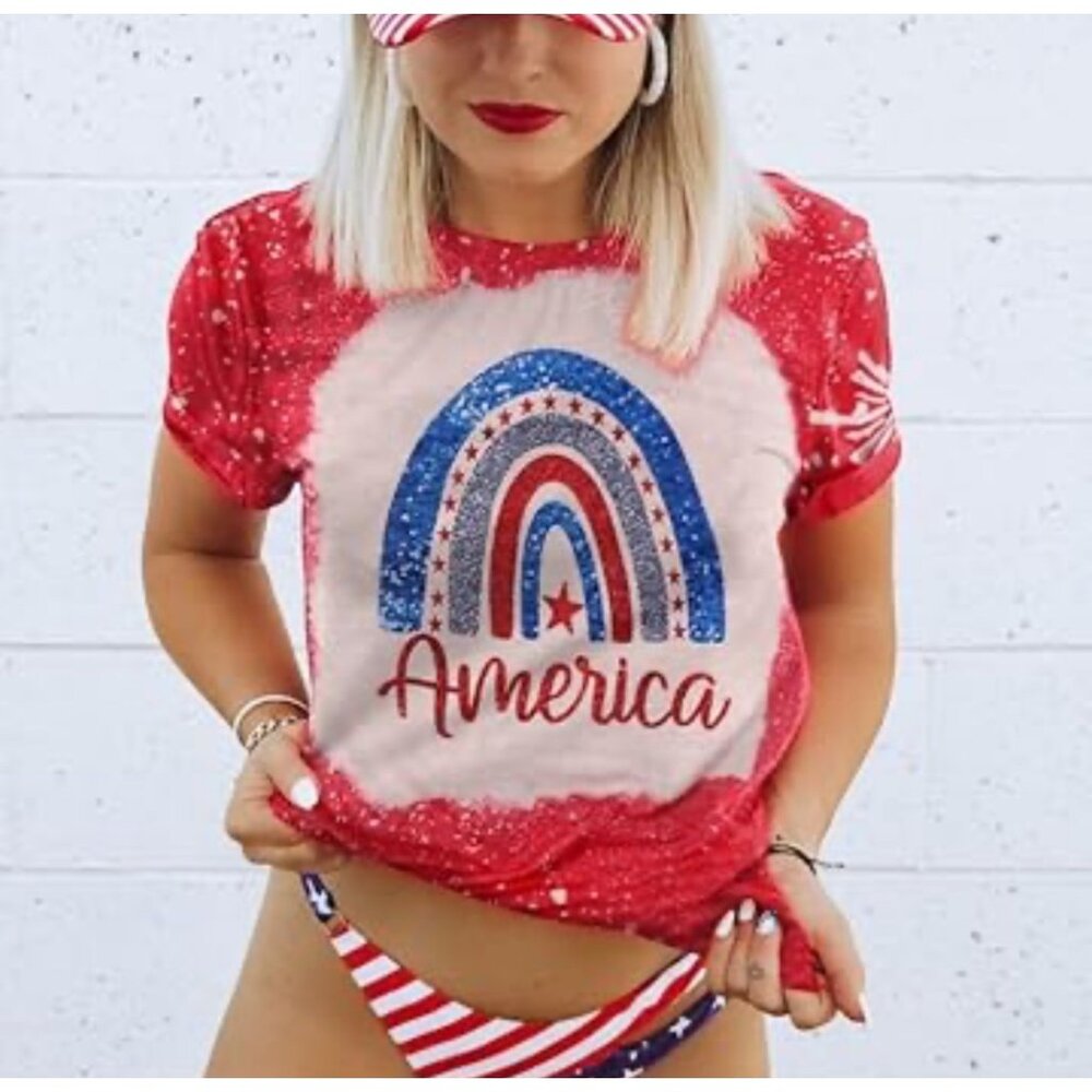 PATRIOTIC AMERICA SHIRT PULLOVER SHORT SLEEVE FIREWORKS USA FLAG WOMENS XL